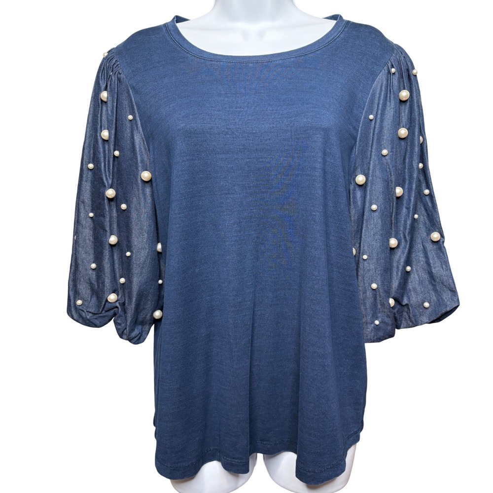 NWT CHICO'S Womens Blue Pearl Embellished Puff Sleeve Top Sz 2/L Denim Look Chic